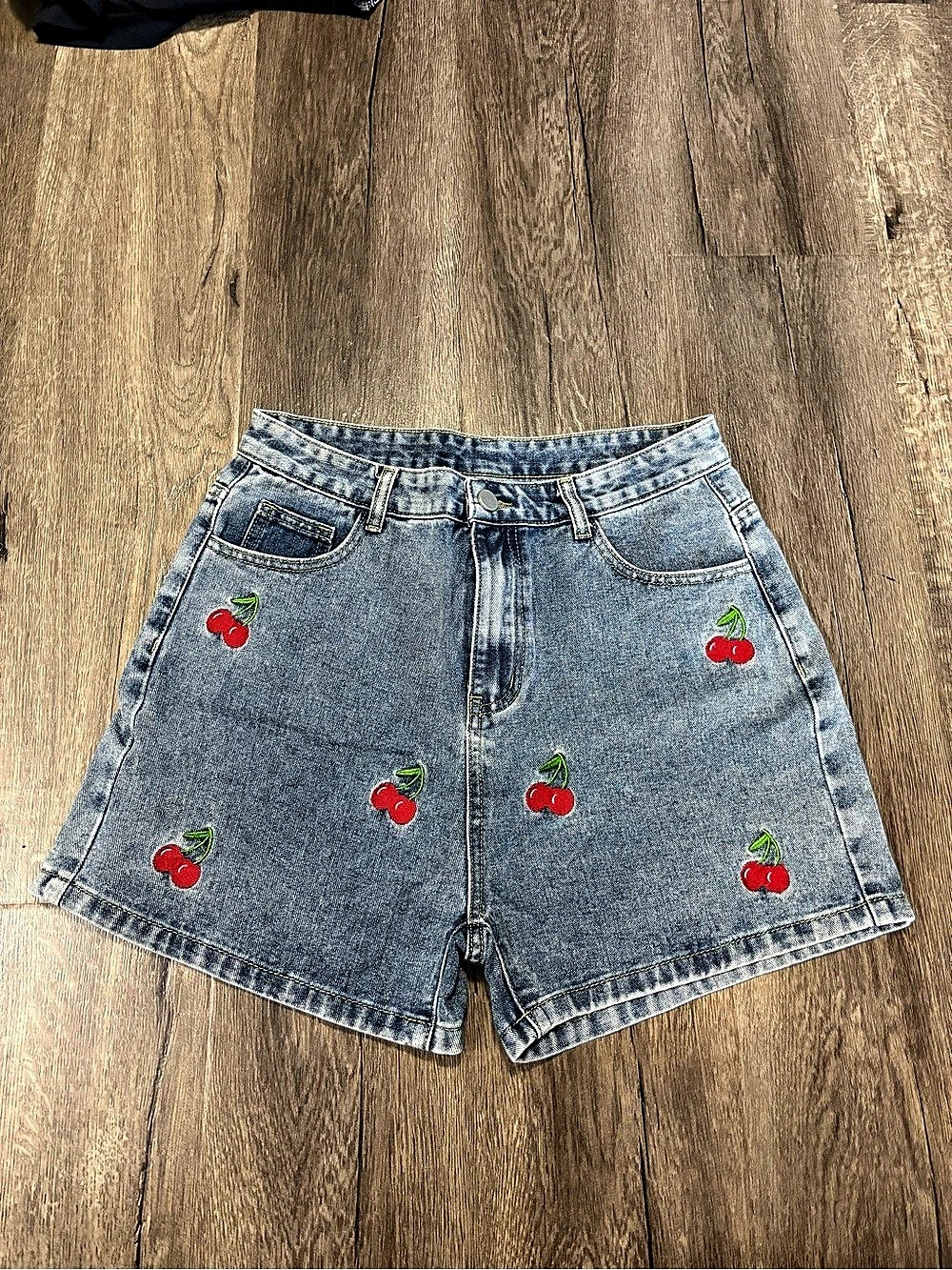 Cider Denim Mid Rise Cherry Embroidery Straight Leg Micro Shorts Cherry